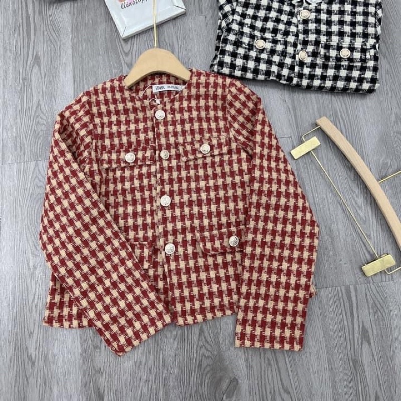Áo dạ tweed kẻ siêu xinh, áo khoác dạ có đệm vai 2 lớp dày dặn