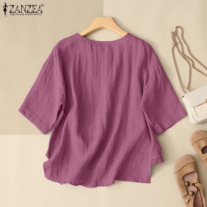 Áo nữ ZANZEA tay lửng cổ tròn phối nút phong cách đường phố Hàn Quốc