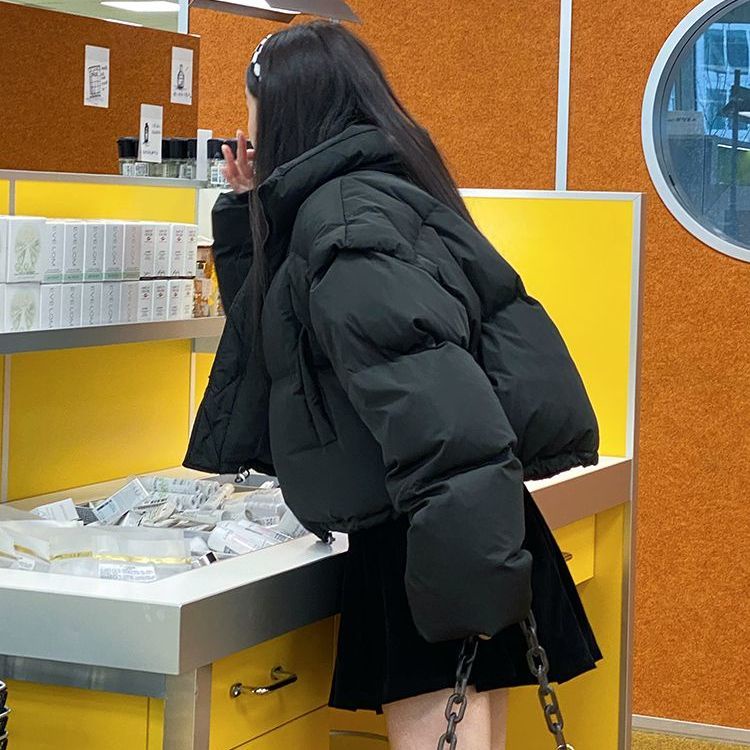 Áo Khoác Phao Dáng Ngắn Màu Đen Trơn Phong Cách Harajuku Thời Trang Mùa Thu Cho Nữ