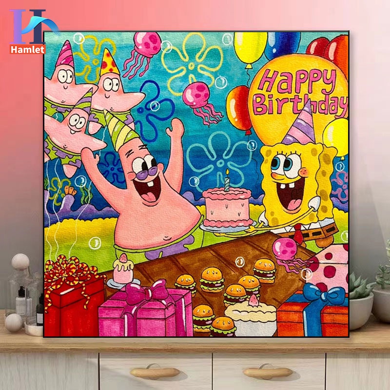 Bộ tranh sơn dầu acrylic Hamlet tô màu theo số hình hoạt hình Spongebob dành cho trẻ em cỡ 40*40cm