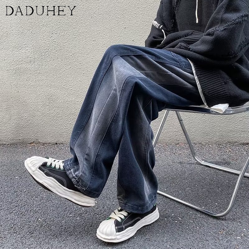 DaDuHey Men's High Street Fashion Hip Hop Cool Trendy Casual Pants 2022 New Hong Kong Style Ins Fashionable Handsome Retro Washed Jeans