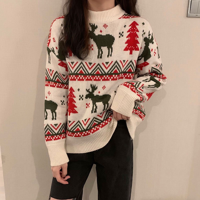 Áo Len Tay Dài Cổ Tròn In Hình Tuần Lộc Giáng Sinh Thời Trang Hàn Quốc Cho Nữ