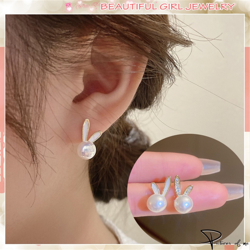 Khuyên Tai Hình Thỏ Đính Ngọc Trai Không Đối Xứng Xinh Đẹp Phong Cách Hàn Quốc Mới