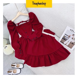 Set áo cổ vuông tay loe + quần váy đỏ kèm chocker