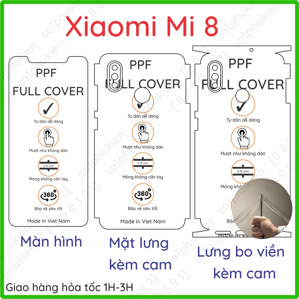 Dán PPF Xiaomi Mi 8 loại trong, nhám dành cho màn hình, mặt lưng, full viền