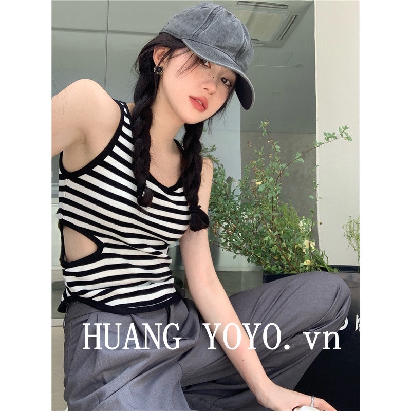 HUANG YOYO Áo Croptop Dệt Kim Sát Nách Cổ Chữ U Họa Tiết Kẻ Sọc Thời Trang Hàn Quốc 2023 Cho Nữ