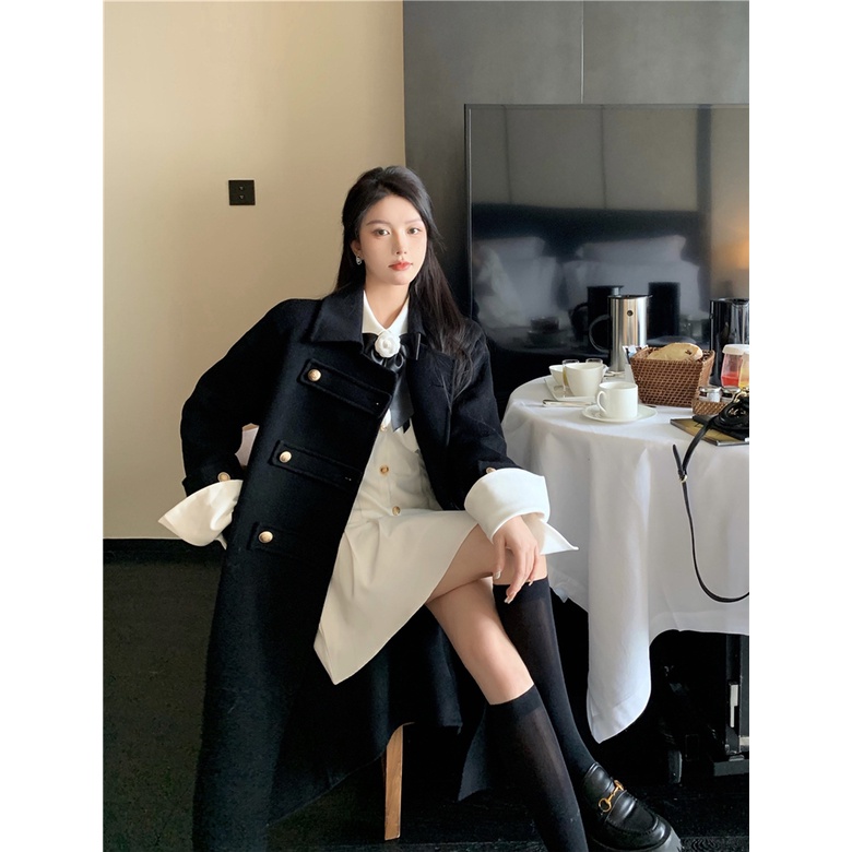 Áo khoác dạ dáng dài YIMI kèm váy sơ mi tiểu thư
