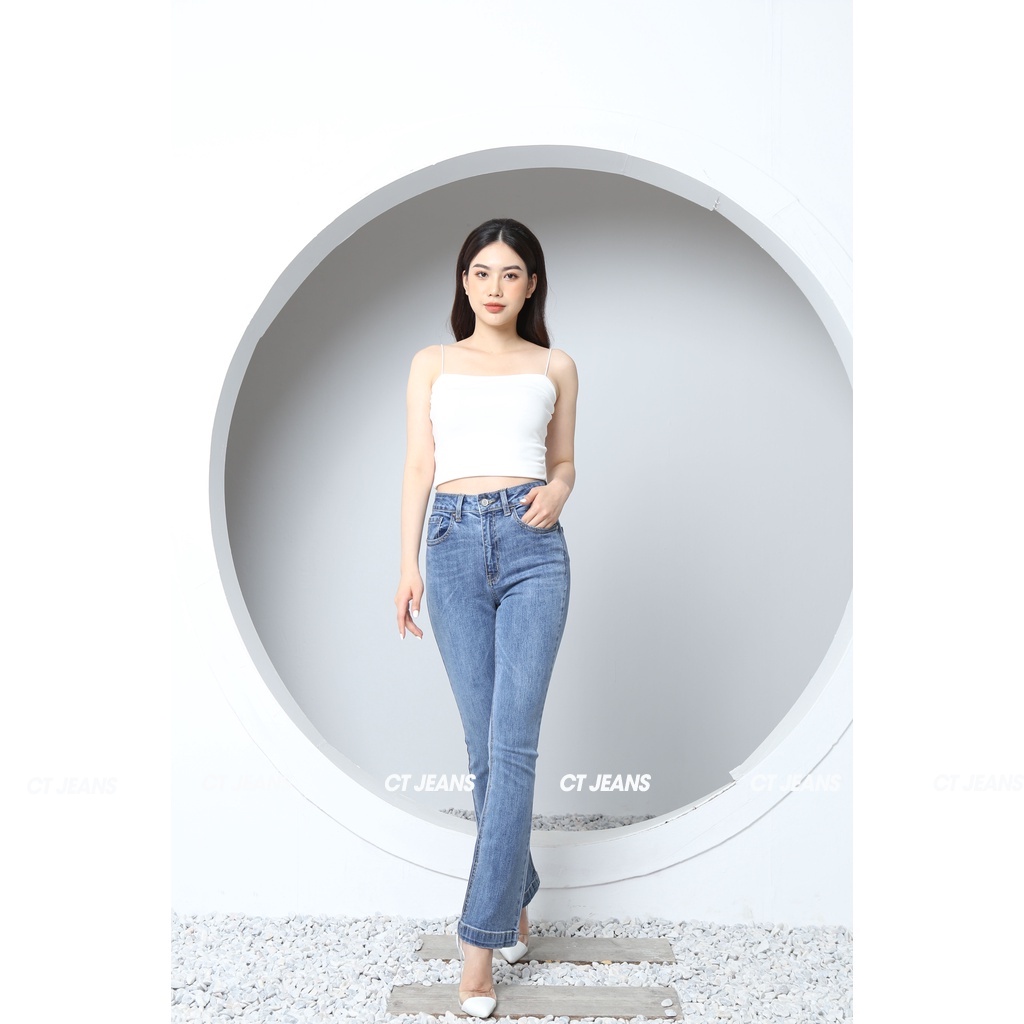 Quần jean ống loe màu xanh đá cạp cao co giãn gấu bản to CP04, CT JEANS