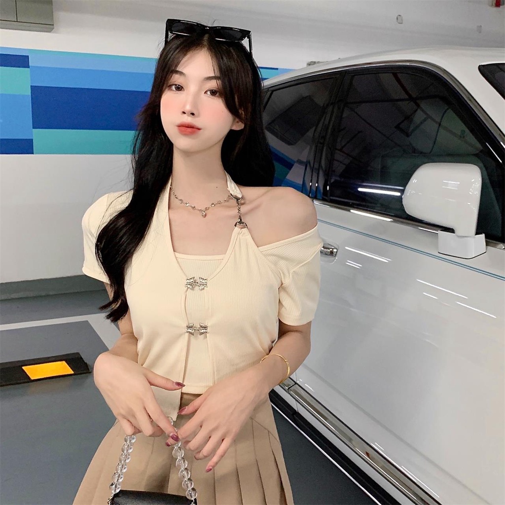 Áo kiểu ZHELIHANGFEI tay ngắn giả hai lớp dáng ôm thời trang cho nữ