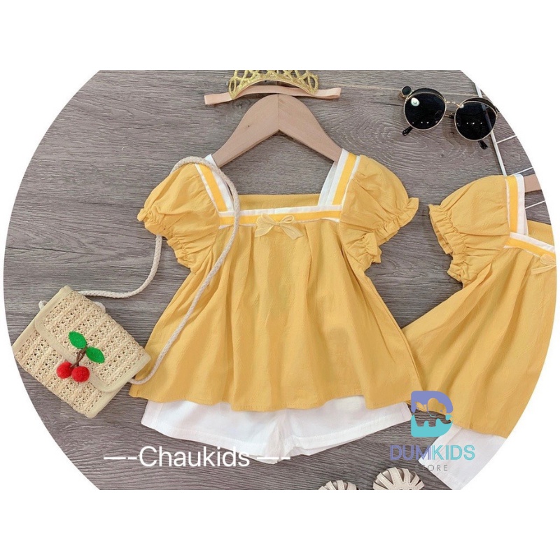 Bộ cộc tay bé gái , sét bộ áo babydoll cổ may viền đính nơ chất thô mềm cho bé