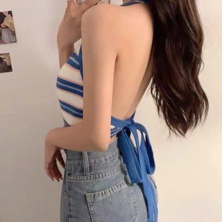 yếm len kẻ dệt kim buộc lưng (17788#)