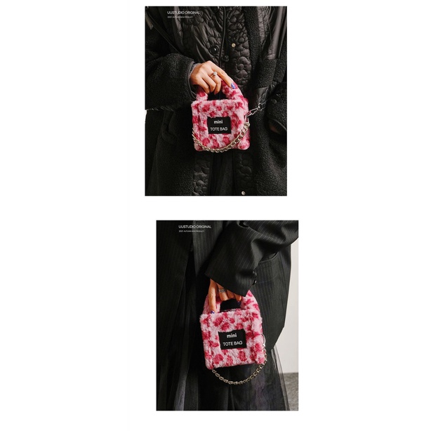 Túi Xách Lông Xù Hình Vuông Nhỏ Xinh Phối Dây Xích Cá Tính Cho Nữ 13X12X8