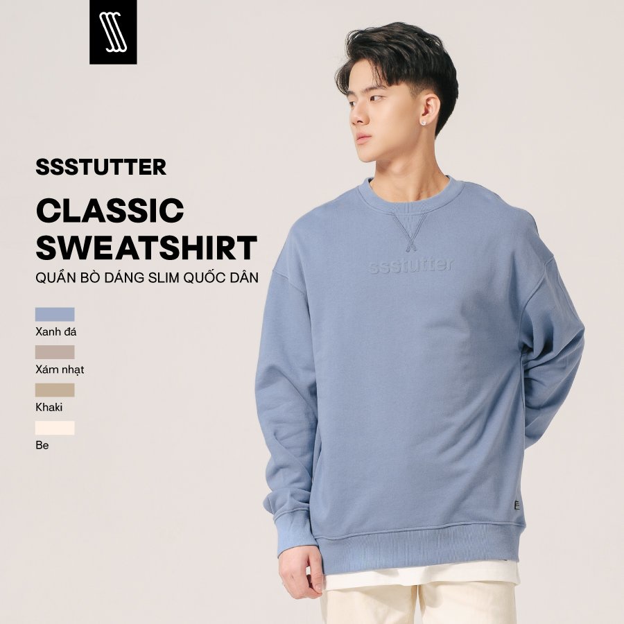 Áo nỉ nam SSSTUTTER in dập nổi thêu cổ dáng rộng CLASSIC SWEATSHIRT
