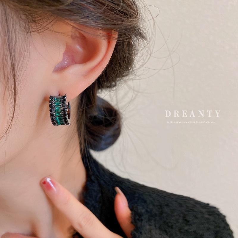 Khuyên Tai Tròn Đính Đá Zircon Xanh Lá Đậm Phong Cách Retro Cao Cấp Độc Đáo