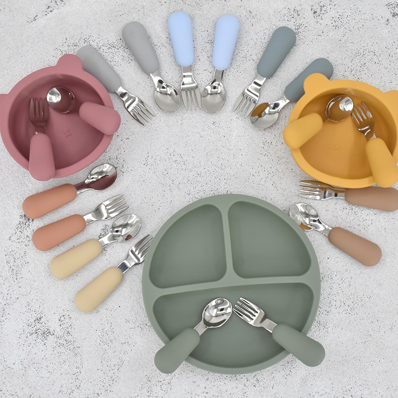 Bộ 2 Muỗng Nĩa silicone Thép Không Gỉ Cho Bé