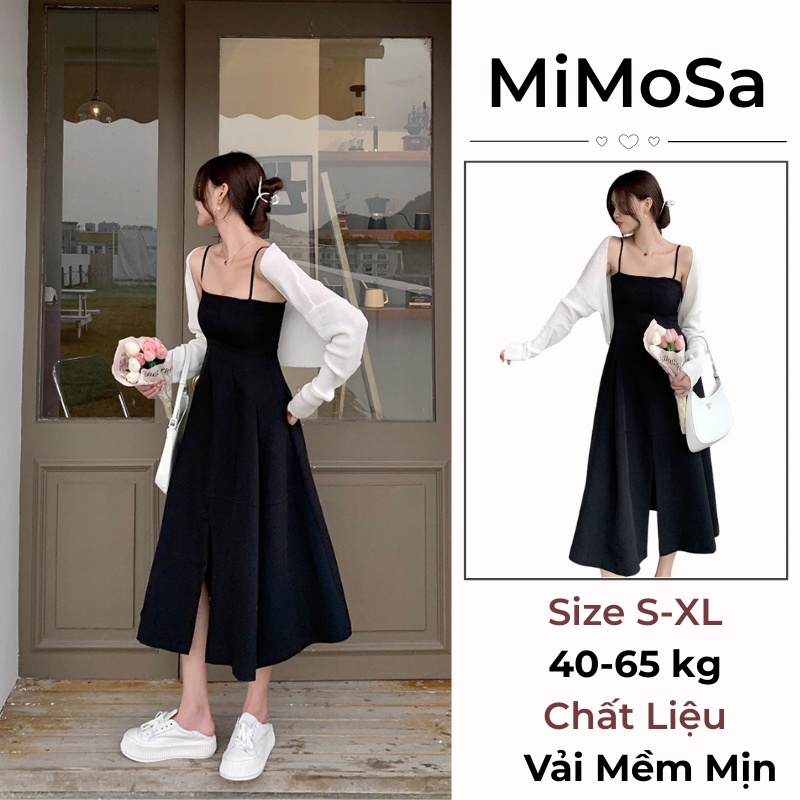 Set Váy Tiểu Thư Mimosa Kèm Áo Khoác Len Cardigan, Váy Nữ Hai Dây Xẻ Tà Thanh Lịch Sang Trọng 111