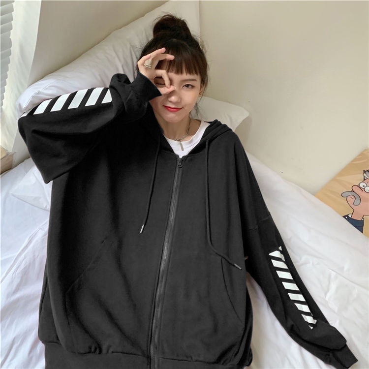 IELGY Áo Hoodie Mỏng Dáng Rộng Phối Khóa Kéo Phong Cách Hàn Quốc Cho Nữ