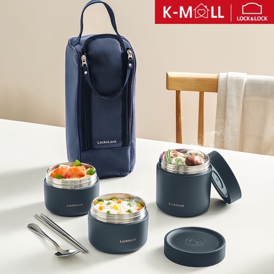 Bộ hộp cơm giữ nhiệt Lock&Lock Lunch Box LHC8052S01 3 hộp giữ nhiệt kèm túi, muỗng đũa màu xanh - K-MALL