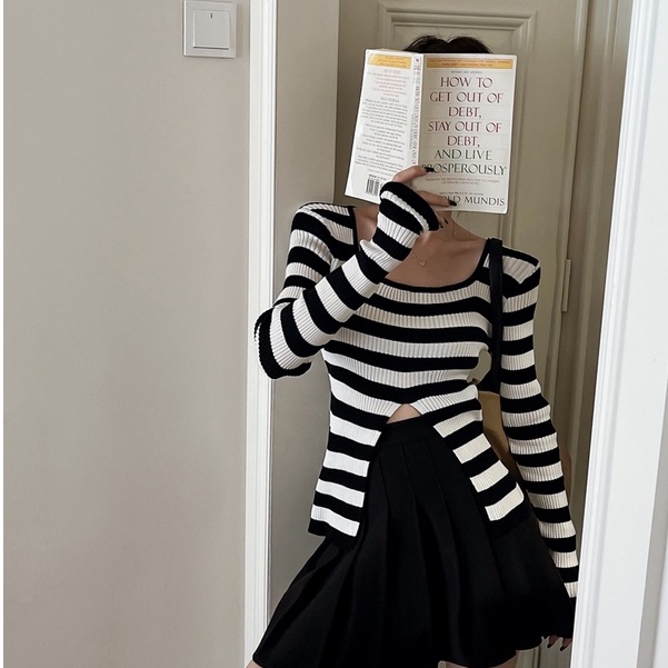 SUXI Áo Sweater Dệt Kim Cổ Vuông Xẻ Tà Ôm Dáng Họa Tiết Kẻ Sọc Thời Trang Hàn Quốc Mới