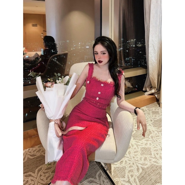 Set dạ áo 2 dây nút + chân váy dài - CarotShop