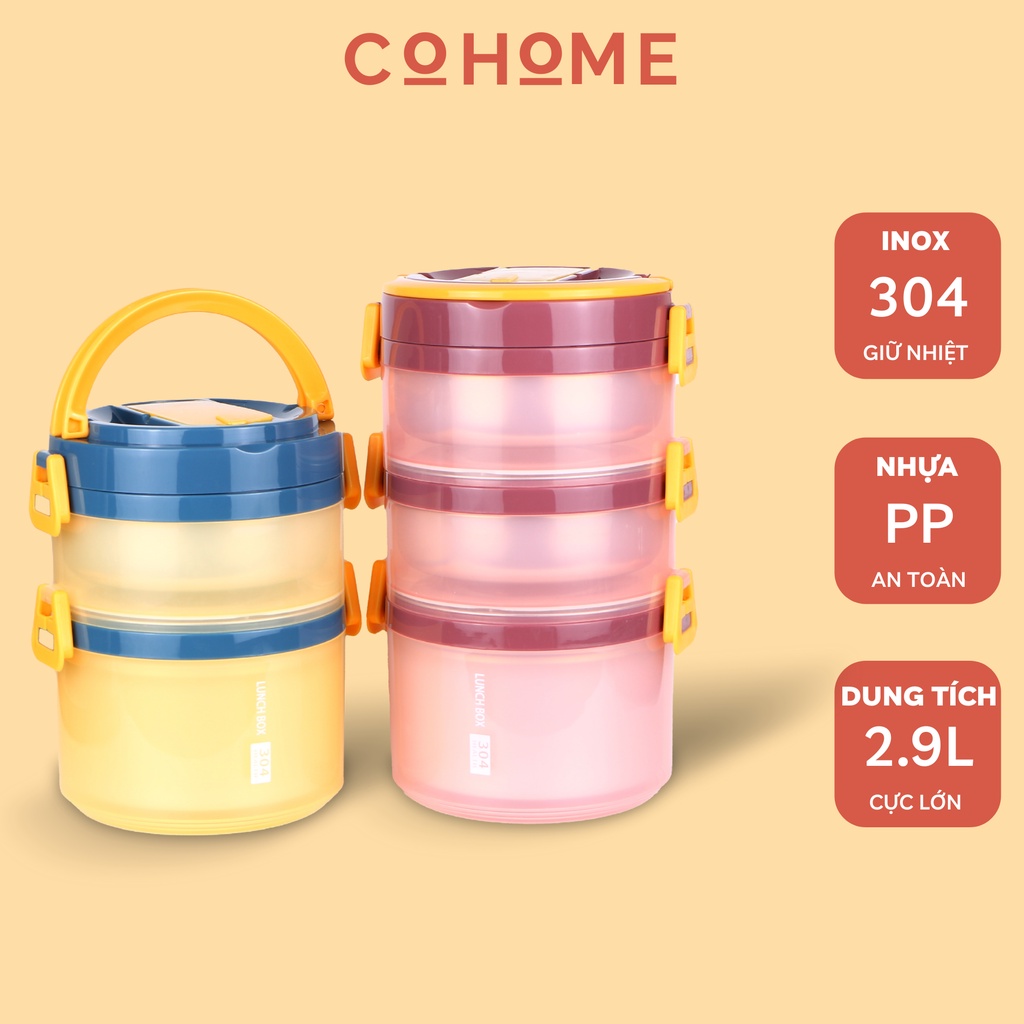 Hộp cơm giữ nhiệt văn phòng COHOME 3 tầng ruột inox 304 cao cấp 2.9L, an toàn sử dụng