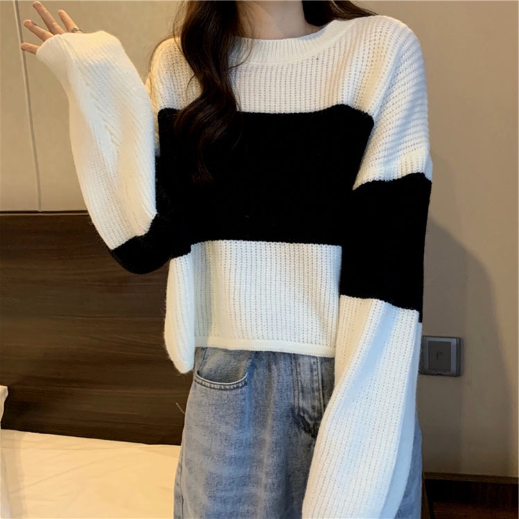 Áo Sweater Chui Đầu Dáng Rộng Ngắn Kẻ Sọc Màu Sắc Retro Thời Trang Xuân Thu Cho Nữ