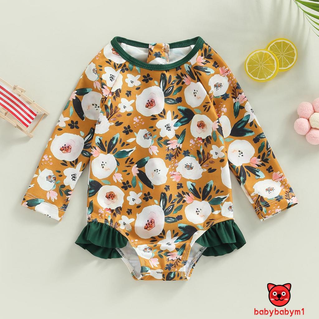 Bộ Đồ Bơi Một Mảnh Áo Tay Dài Cổ Tròn In Hoa Dành Cho Bé Gái