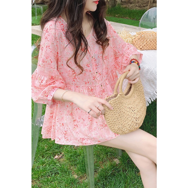 Áo Sơ Mi Rộng Cổ Tròn Bằng Vải Lanh Cotton In Hình Hoa Màu Hồng Phong Cách Hàn Quốc Thanh Lịch Dành Cho Nữ