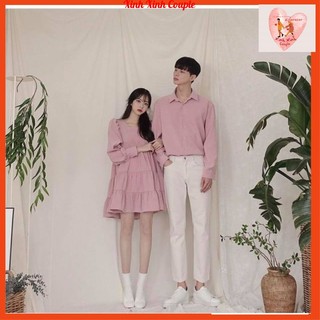 Set đồ đôi áo sơ mi nam đầm nữ caro xanh, dự tiệc, dạo phố
