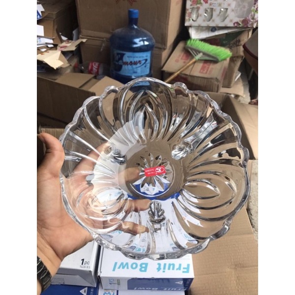 ĐĨA ĐỂ HOA QUẢ THỦY TINH PHA LÊ 23CM