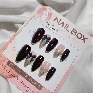 Nailbox móng úp thiết kế kẻ dạ đính nơ tiểu thư sang chảnh