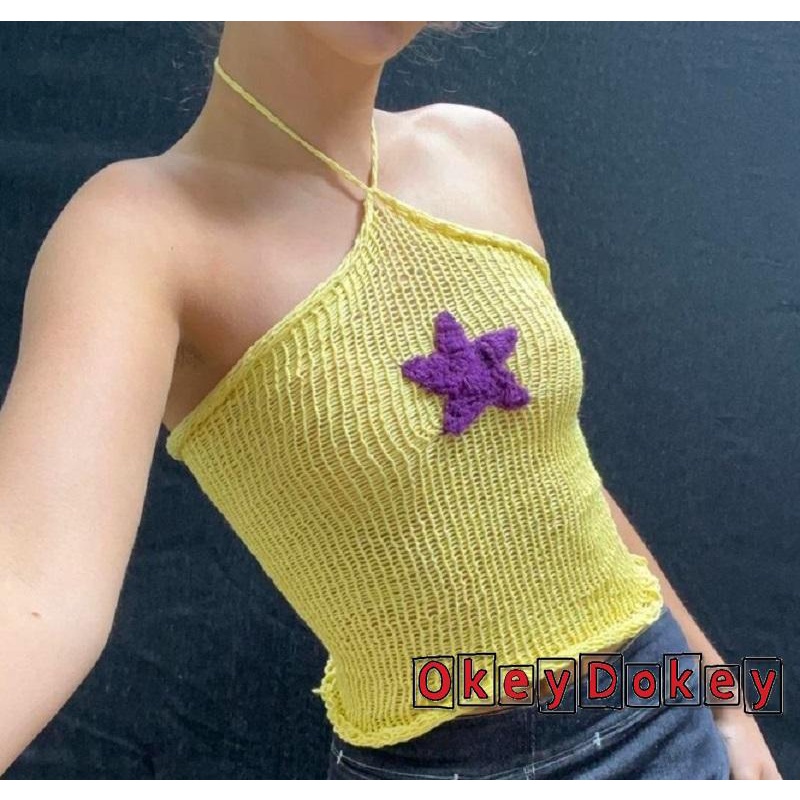 Áo Croptop Dệt Kim Hở Lưng In Họa Tiết Ngôi Sao Phong Cách Cổ Điển Cho Nữ OKDK-y2k