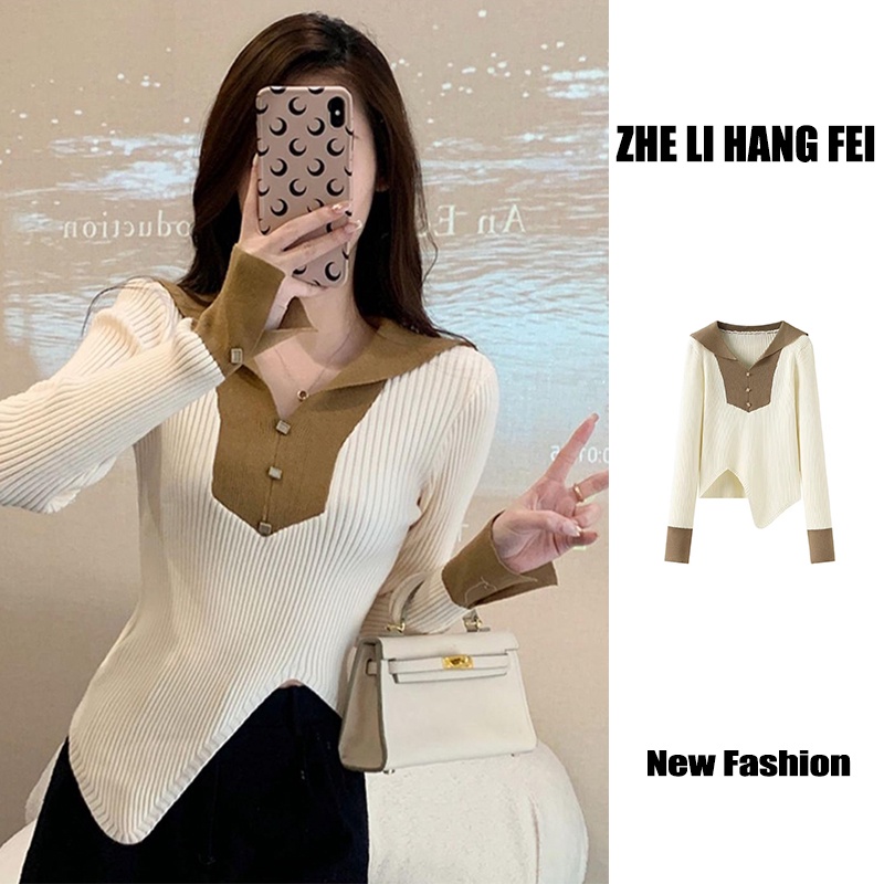 【ZHELIHANGFEI】Đầm Dệt Kim Tay Dài Cổ Thủy Thủ Thiết Kế Bất Đối Xứng Thời