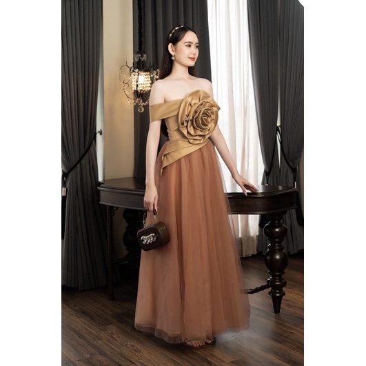 Ms1367Y ĐẦM LƯỚI BẸT VAI XOẮN HOA HỒNG  full size S/M/L/XL