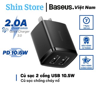 Củ sạc nhanh đa năng 2 cổng sạc usb baseus compact charger 10.5w, cóc sạc chống cháy nổ -shinstore