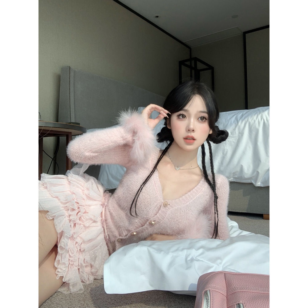 Áo Khoác Cardigan Dệt Kim Giả Lông Cừu Dáng Ôm Màu Hồng Thời Trang Mùa Thu Cho Nữ