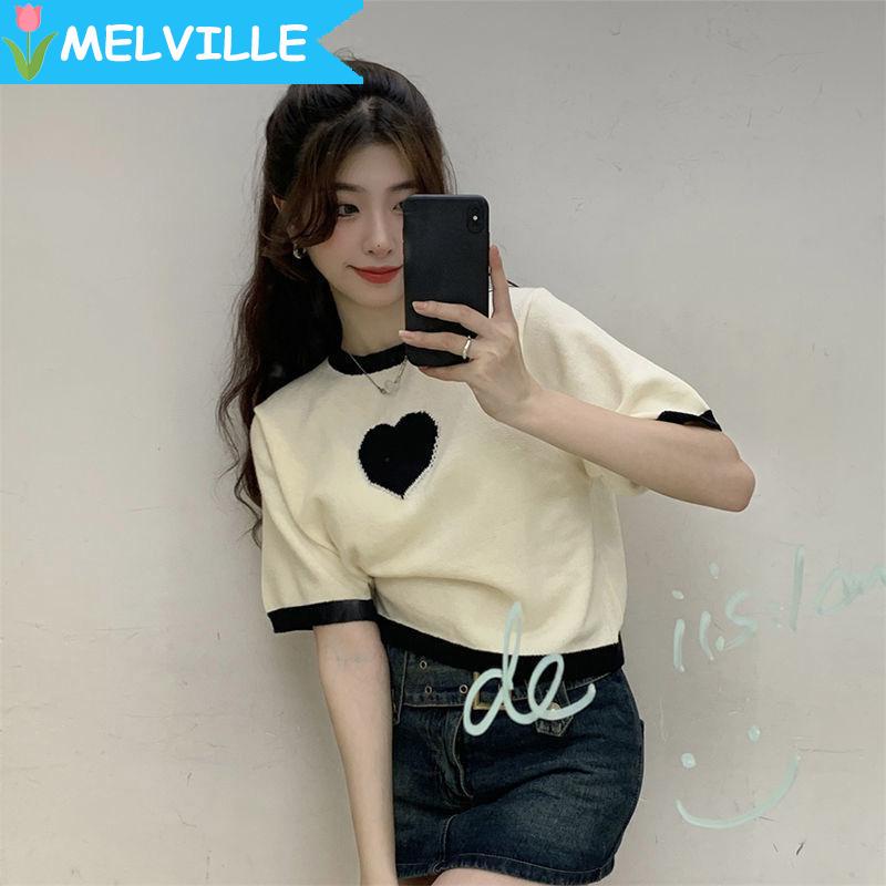 MELVILLE Áo Thun Dệt Kim Tay Ngắn Dáng Rộng Thêu Hình Trái Tim Màu Trắng Đen Thời Trang Mùa Hè 2023 Dành Cho Bạn Nữ