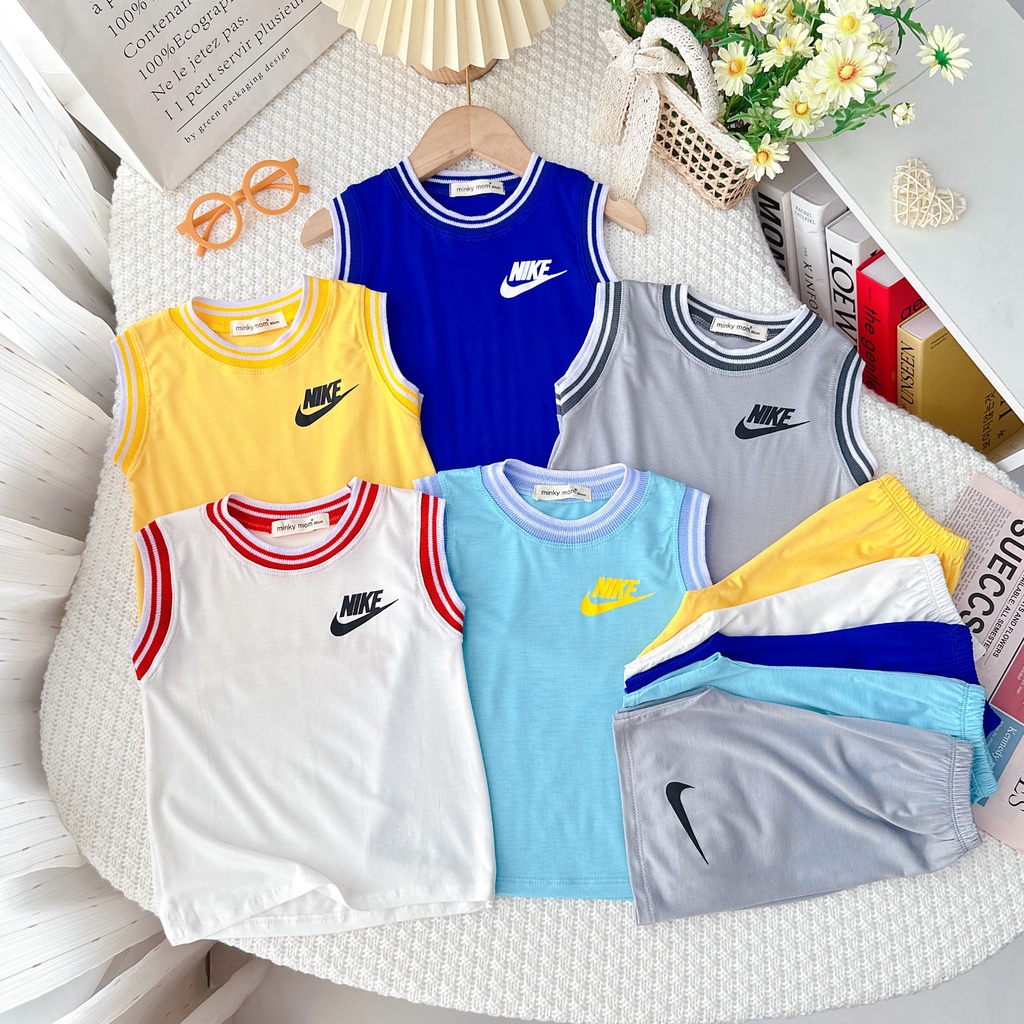 Bộ cộc tay >, sát nách thun lạnh Minky Mon Trơn in chữ NIKE cho bé trai/bé gái