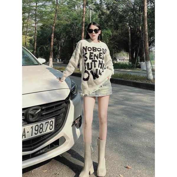 ÁO LEN RÁCH GẤU CHỮ NO BODY OVERSIZE