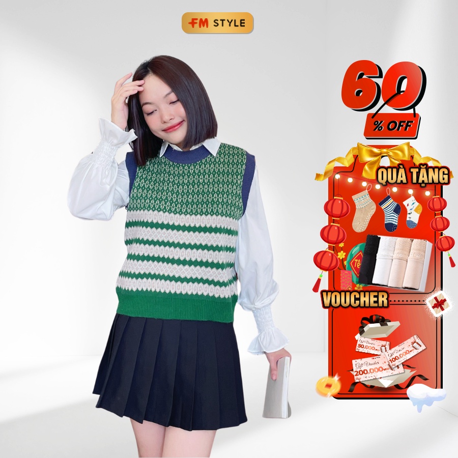 Áo len nữ kiểu FM Style cổ tròn sát nách phối hoạ tiết thổ cẩm truyền thống thời trang Ulzzang 208260006