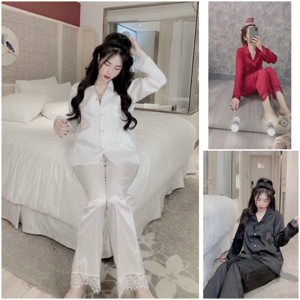 Bộ đồ ngủ chữ VS, Bộ đồ pizama mặc nhà Tay Dài Quần Dài Lụa Xước Phối Ren cao cấp DD03