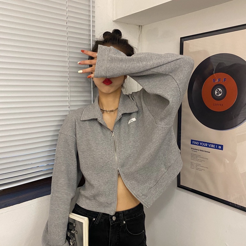 IELGY IELGY Áo Khoác Tay Dài Có Khóa Kéo Đôi Phong Cách Hàn Quốc Thời Trang Cho Nữ