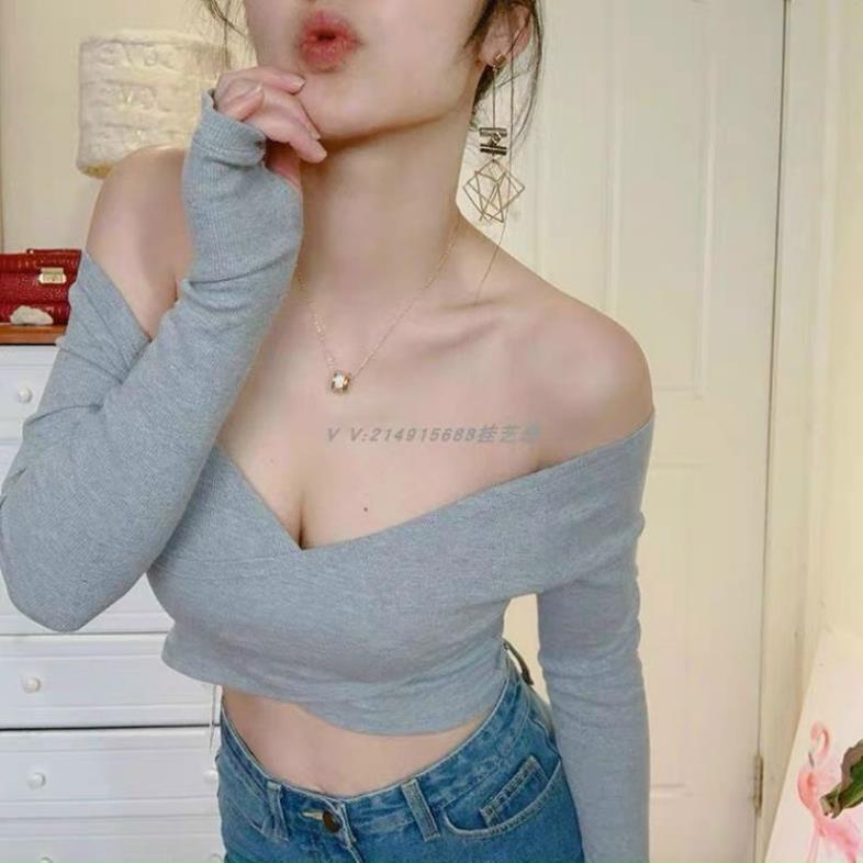 Áo trễ vai croptop ôm dáng cho nữ - áo croptop tay dài đắp chéo chất thun gân tăm dày mịn A019