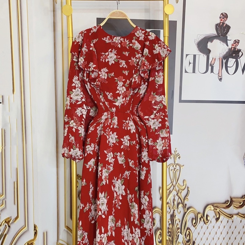 Đầm maxi voan cổ tròn tay dài đẹp