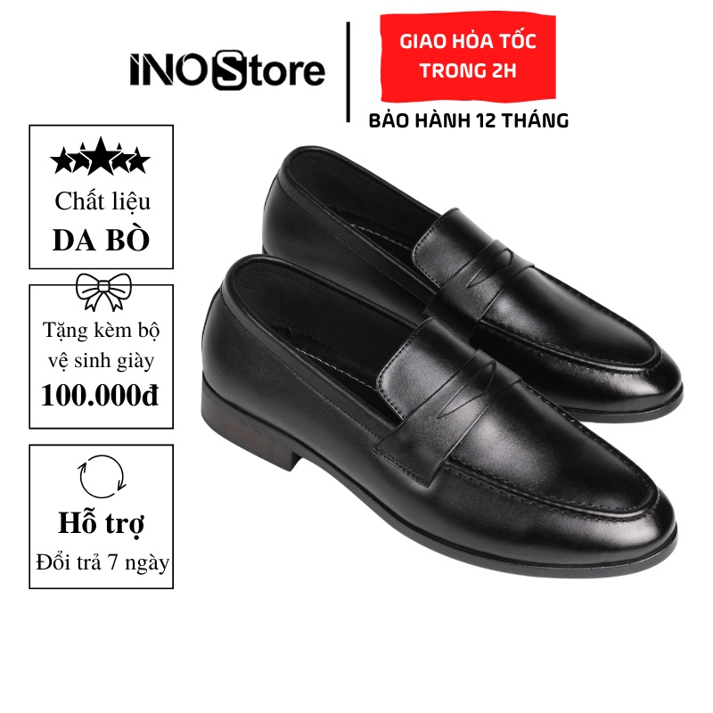 Giày Tây Da Bò Thật Penny Loafer Black Thương Hiệu INODA - D2324 - Bảo Hành 12 Tháng - Đổi Trả Trong 7 Ngày