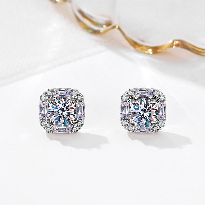 Kim Cương Nhân Tạo Moissanite (5--6,5mm) Bông tai nữ 925 bạc 0,5 +0,5/1+1 carat D màu Mosant khoan có thể vượt qua bút kim cương với giấy chứng nhận xác định bông tai vuông