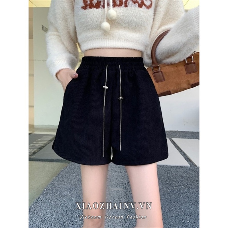 Quần short XIAOZHAINV nhung kẻ lưng cao ống rộng phong cách thời trang Hàn Quốc dành cho nữ