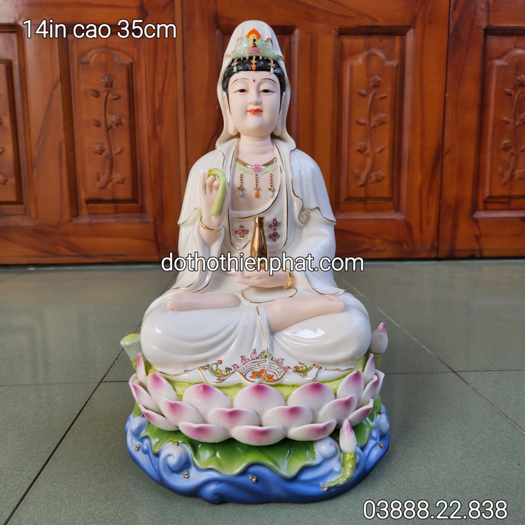 Tượng Quan Âm sứ màu trắng 14in cao 35cm mẫu mớ (cao cấp)
