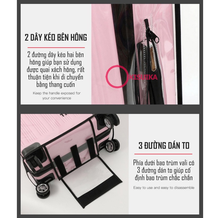 Bao trùm vali có dây kéo quai xách và cần kéo trong suốt Túi bọc vali silicon Áo trùm vali bảo vệ nhựa t