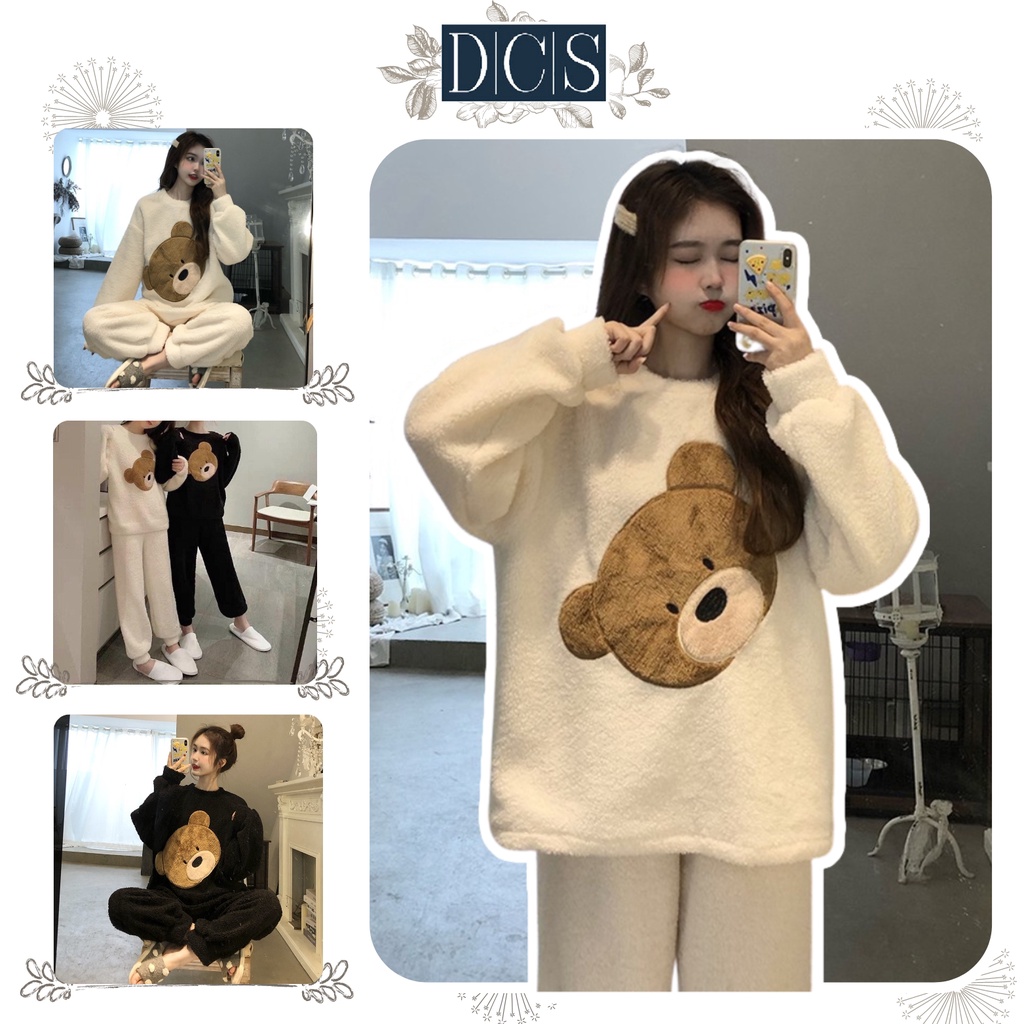 Bộ ngủ gấu nữ lông mượt dễ thương mặc hàng Quảng Châu cao cấp mùa đông siêu ấm Xuongmaydcs